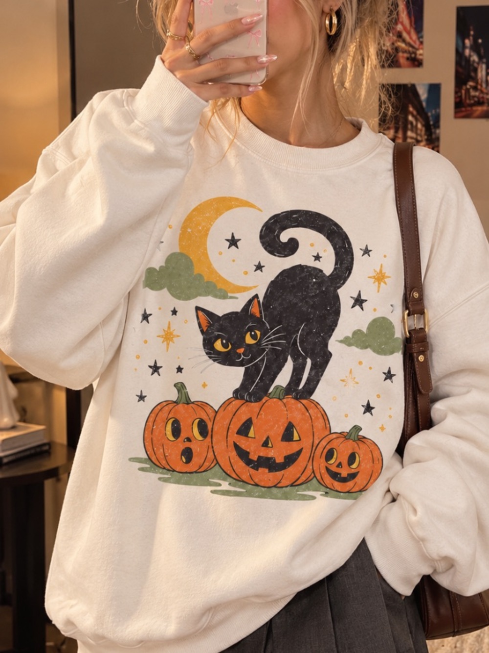 Black Cat Pumpkins Halloween Moon Stars Vintage White Sweatshirt